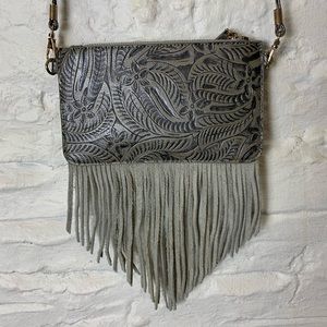 FREE PEOPLE Leather Fringe purse, grey